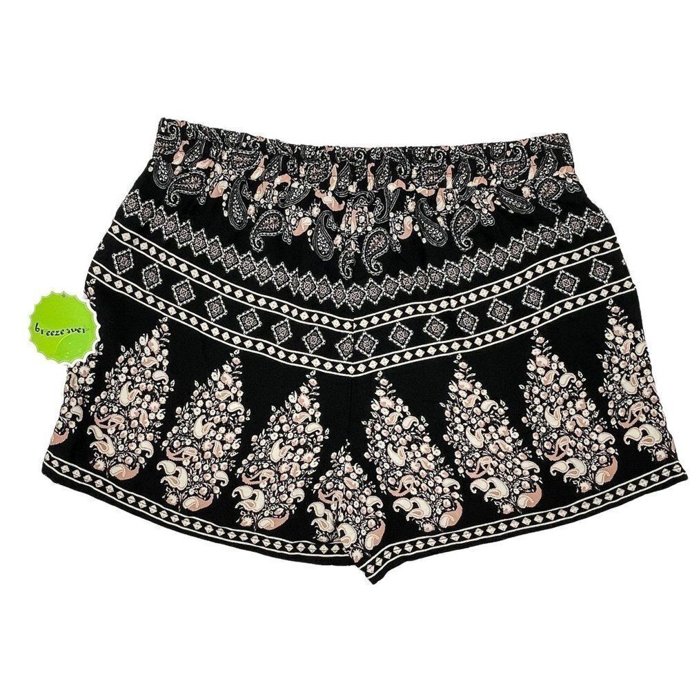 Breeze Ever Loose High Waisted Boho Paisley Print Rayon Shorts Black Large - Picture 2 of 5